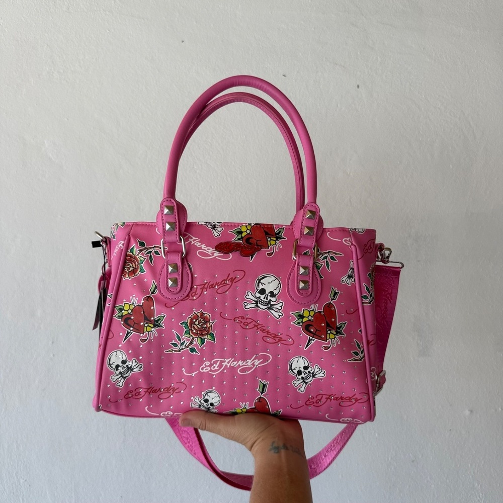 Ed Hardy Pink Skull Heart Thermal Lunch Tote Bag Rhinestone Y2K NWT Insulated - Picture 16 of 16